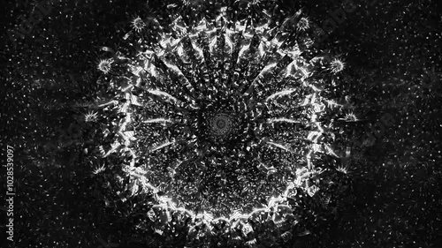 Monochrome Kaleidoscope Fireworks Circular Animation Pattern Loop