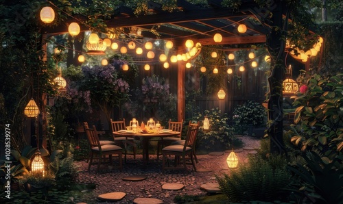 Lantern-lit garden party in twilight, 4K hyperrealistic photo