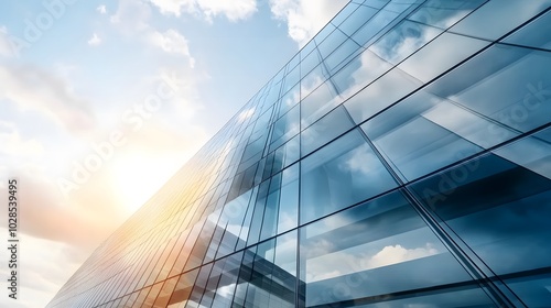 Skyscraper reflecting sunset background. 3d abstract architecture design of modern contemporary luxury building converging glass and steel. Perspective view landscape. Hi-tech sustainable architect