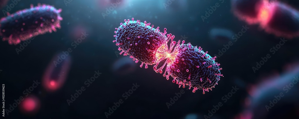 Bacteria in a microscopic view, glowing on a dark background. Bacteria in a microscopic view, glowing on a dark background.