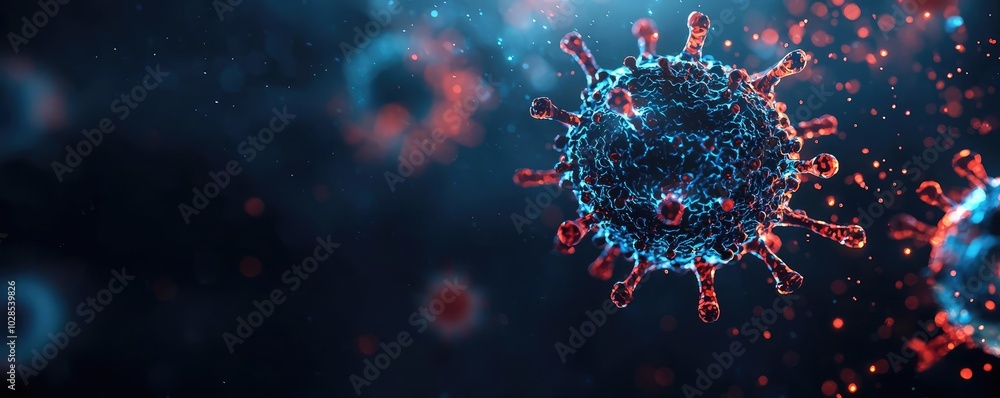 Microscopic view of a virus with vibrant colors and details, dark background. Microscopic view of a virus with vibrant colors and details, dark background.