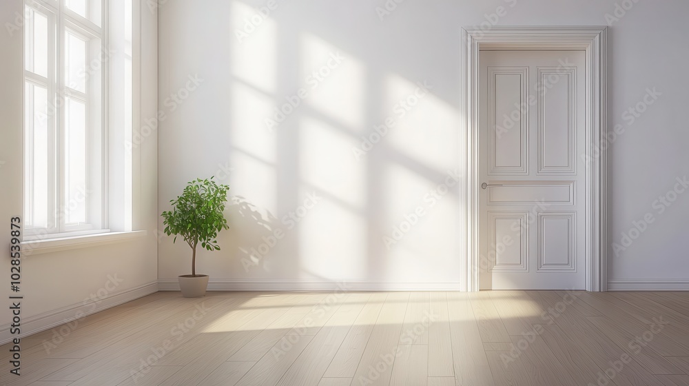 custom made wallpaper toronto digitalA minimalist interior with a potted plant, white walls, and wooden flooring, bathed in sunlight from large windows.