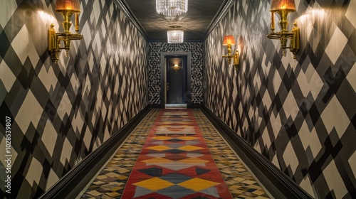An opulent Hollywood Regency hallway adorned with dramatic geometric wallpaper