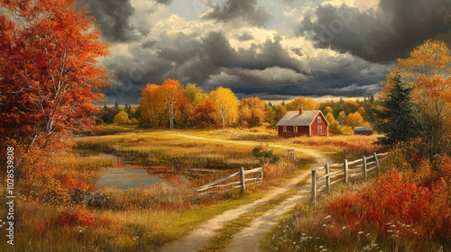 Rural Landscape with Red Farmhouse and Autumn Foliage Under a Cloudy Sky