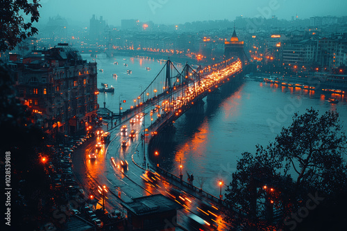 Photos of bridges lit up at night, with cars streaming across, depict the interconnectedness of cities. Concept of urban infrastructure. #1028539818