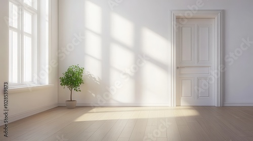 Wallpaper Mural A minimalist interior with a potted plant, white walls, and wooden flooring, bathed in sunlight from large windows. Torontodigital.ca