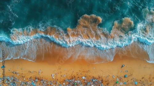 Aerial View of a Beach Covered in Plastic Pollution