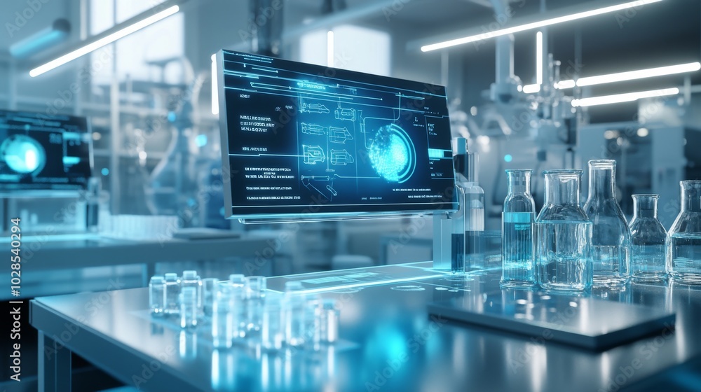 Scifi laboratory with holographic displays and futuristic design elements Scifi laboratory with holographic displays and futuristic design elements