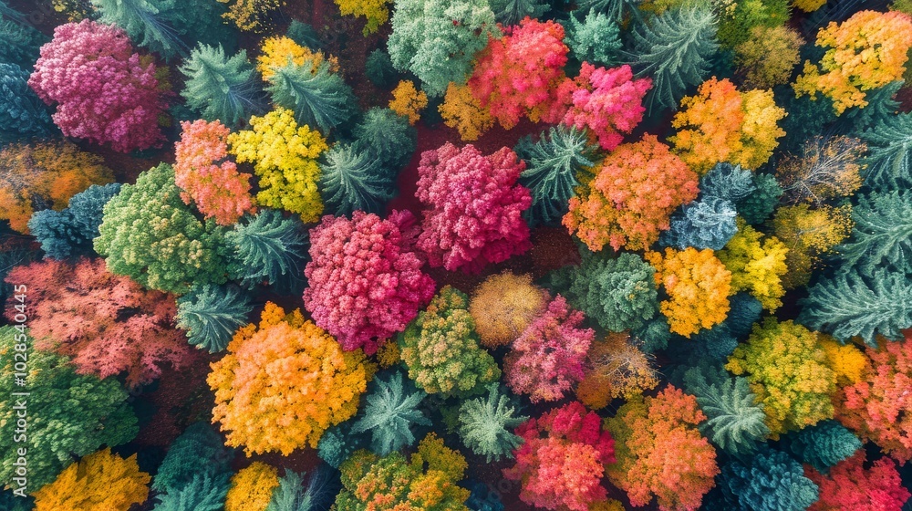 Aerial view of an autumn forest showcasing vibrant fall colors and colorful trees in a stunning top-down shot. Aerial view of an autumn forest showcasing vibrant fall colors and colorful trees in a stunning top-down shot.