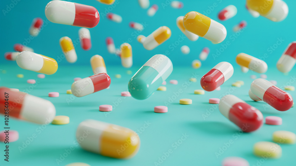 Various colorful capsules are suspended in midair against a vibrant green background, depicting a medical or pharmaceutical theme Various colorful capsules are suspended in midair against a vibrant green background, depicting a medical or pharmaceutical theme
