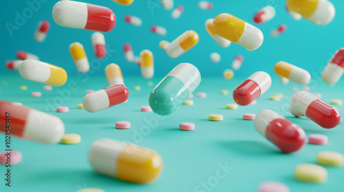  Various colorful capsules are suspended in midair against a vibrant green background, depicting a medical or pharmaceutical theme