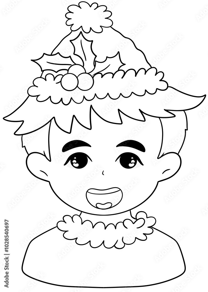 Fototapeta premium Boy singing Christmas carols line drawing coloring page