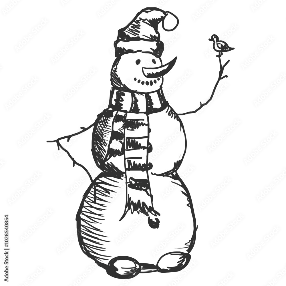 Fototapeta premium Vector Freehand vintage Snowman scribble isolated on white background. Texture of writing materials. Handwritten christmases doodles and pencil strokes. 