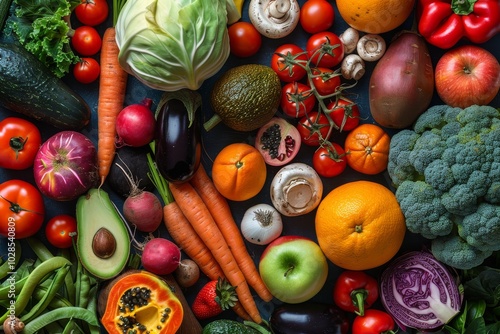 Vibrant flat lay of fresh fruits and vegetables including apples, tomatoes, cabbages, carrots, sweet potatoes, papayas, oranges, and more in a high-resolution display.