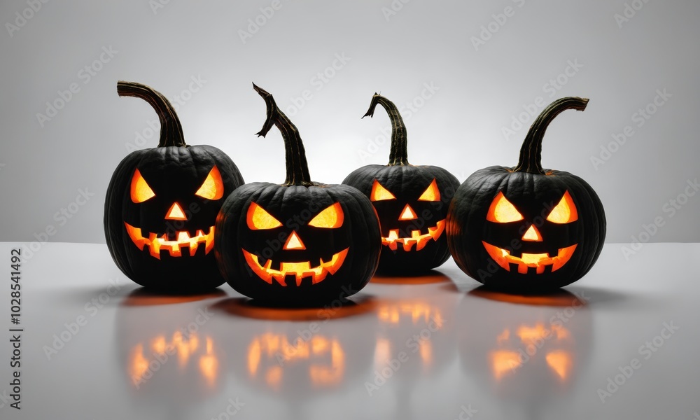 Four illuminated jack-o'-lanterns arranged on a reflective surface Four illuminated jack-o'-lanterns arranged on a reflective surface