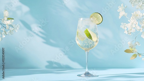 A glass of Hugo Spritz with sparkling bubbles and a lime wedge garnish, isolated against a pastel blue background with subtle floral motifs