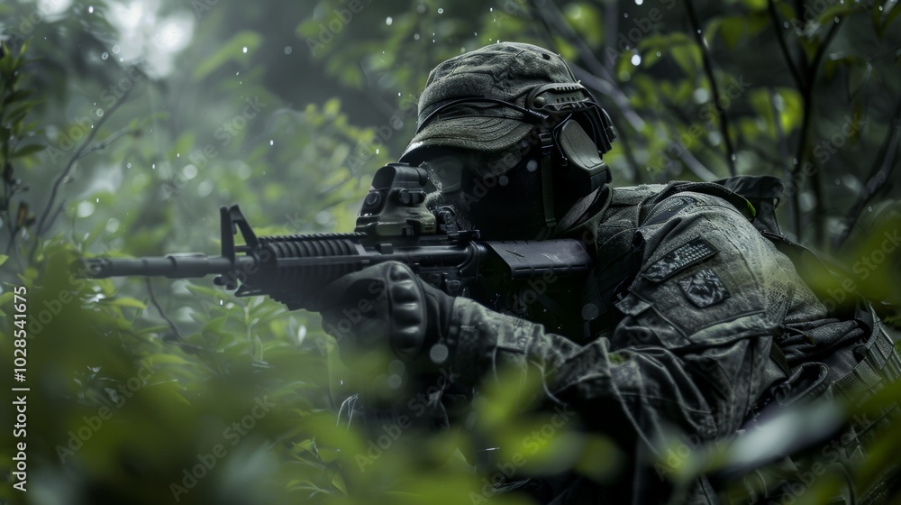 Fototapeta premium Player Taking Cover During Airsoft Skirmish in Nature
