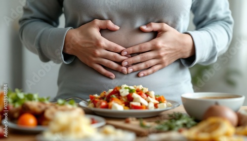 A person holds their stomach, expressing discomfort, amidst an array of unfinished meals on a table illuminated by soft lighting.