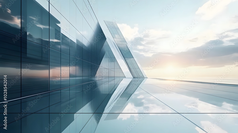 Skyscraper reflecting sunset background. 3d abstract architecture design of modern contemporary luxury building converging glass and steel. Perspective view landscape. Hi-tech sustainable architect
