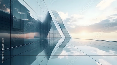 Obraz na płótnie Skyscraper reflecting sunset background. 3d abstract architecture design of modern contemporary luxury building converging glass and steel. Perspective view landscape. Hi-tech sustainable architect w salonie