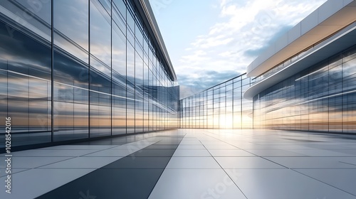 Skyscraper reflecting sunset background. 3d abstract architecture design of modern contemporary luxury building converging glass and steel. Perspective view landscape. Hi-tech sustainable architect