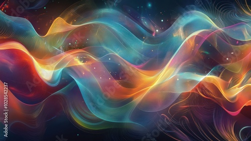 Wallpaper Mural Abstract Art with Intertwining Multicolored Waves and Glowing Particles Torontodigital.ca