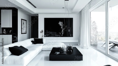 Modern Living Room Interior with White Sofa, Black Coffee Table, and Large Window