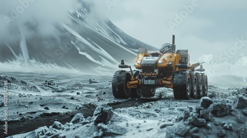 Autonomous Exploration Rover Navigating a Frosty Alien Landscape with Majestic Mountains Ahead.