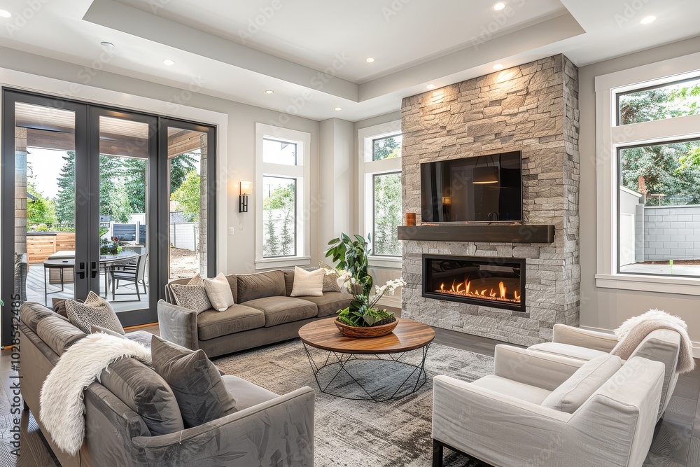 Fototapeta premium Beautiful living room with stone fireplace, white walls, and grey couches in a modern luxury home under construction.