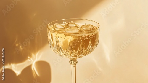 A refreshing Hugo Spritz cocktail with elderflower cordial and sparkling Prosecco, served in a crystal glass, isolated against a soft beige background with subtle gold accents