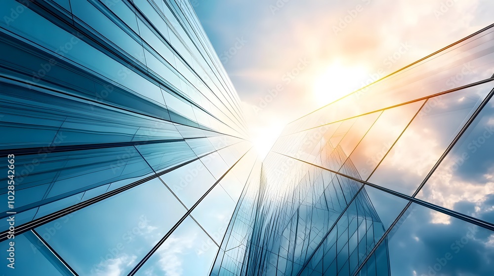 Skyscraper reflecting sunset background. 3d abstract architecture design of modern contemporary luxury building converging glass and steel. Perspective view landscape. Hi-tech sustainable architect Skyscraper reflecting sunset background. 3d abstract architecture design of modern contemporary luxury building converging glass and steel. Perspective view landscape. Hi-tech sustainable architect