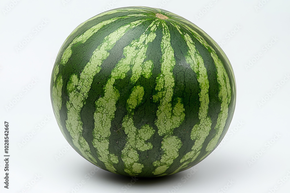 A watermelon isolated on a white background shows its smooth green rind and large size. Concept of fruit isolated on white. A watermelon isolated on a white background shows its smooth green rind and large size. Concept of fruit isolated on white.