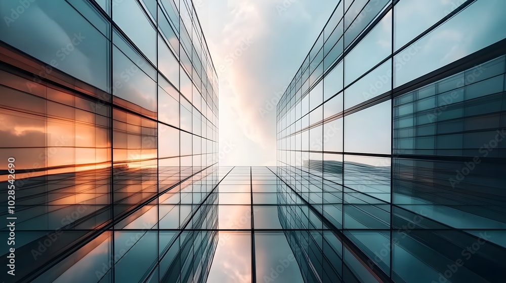 Skyscraper reflecting sunset background. 3d abstract architecture design of modern contemporary luxury building converging glass and steel. Perspective view landscape. Hi-tech sustainable architect Skyscraper reflecting sunset background. 3d abstract architecture design of modern contemporary luxury building converging glass and steel. Perspective view landscape. Hi-tech sustainable architect