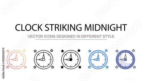 Clock Striking Midnight icon design with white background stock illustration