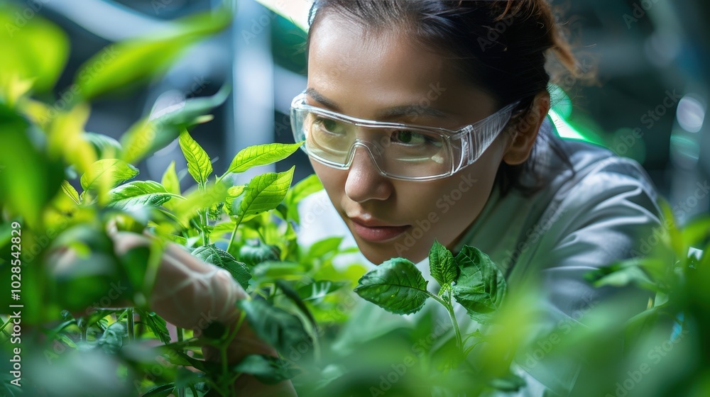 Dedicated Researcher Examining Plants in a High-Tech Laboratory Environment for Crop Innovation Dedicated Researcher Examining Plants in a High-Tech Laboratory Environment for Crop Innovation