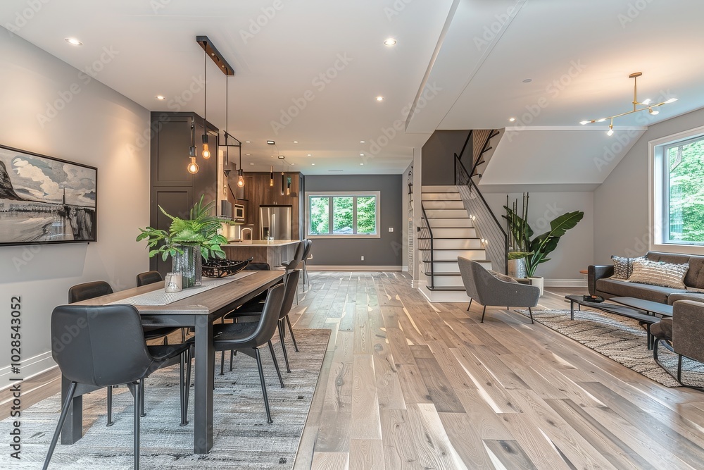 Fototapeta premium Modern dining room with black chairs, white oak flooring, gray accent wall, and cozy sofa area in open floor plan with steel staircase.