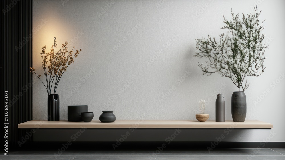 Minimalist Interior Design with Floating Shelf, Vases, and Dried Flowers Minimalist Interior Design with Floating Shelf, Vases, and Dried Flowers