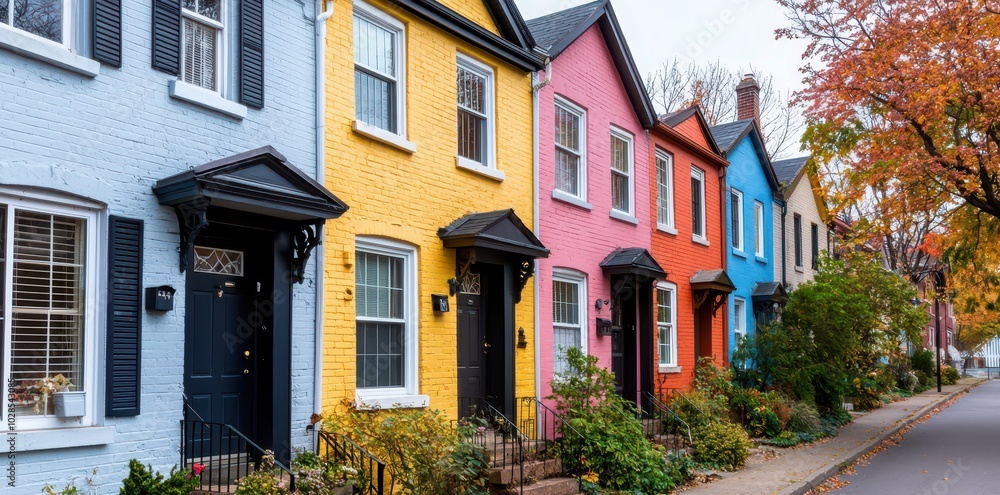 Charming colorful homes line a scenic tree-lined street, creating a picturesque and inviting atmosphere. Charming colorful homes line a scenic tree-lined street, creating a picturesque and inviting atmosphere.