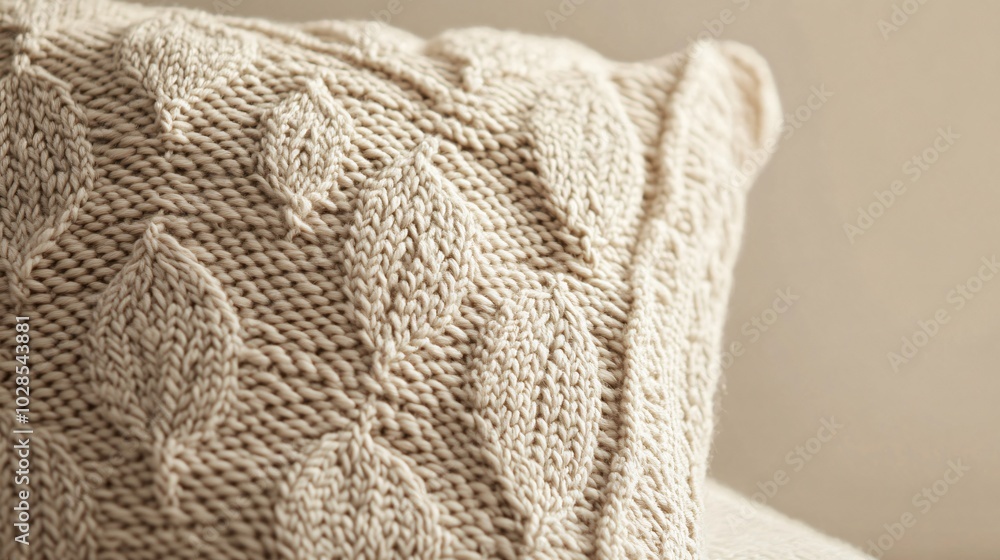 Fototapeta premium A cozy knit cushion in a chunky texture, isolated against a soft taupe background with decorative leaf motifs