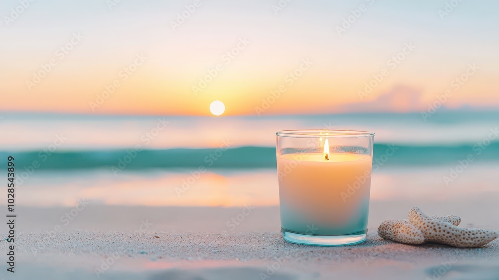 Candle on a beach at sunset, casting soft light on the sand, evoking a serene summer vibe.
