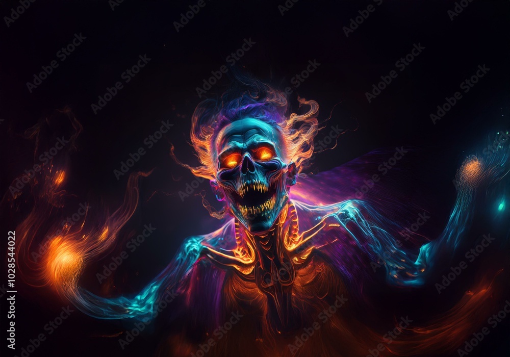 A glowing, skeletal figure emerges from a swirl of colorful smoke, its eyes burning with a fierce intensity. A glowing, skeletal figure emerges from a swirl of colorful smoke, its eyes burning with a fierce intensity.