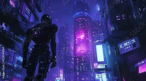 A Silhouetted Cyborg Standing in a Neon-Lit Futuristic Cityscape