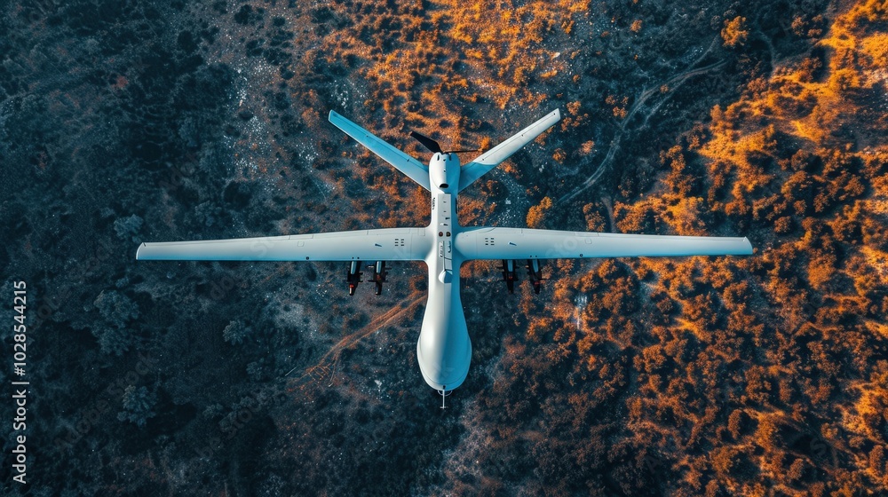 Fototapeta premium A Cutting-Edge Autonomous Surveillance Drone Monitoring Vast Landscapes from Above