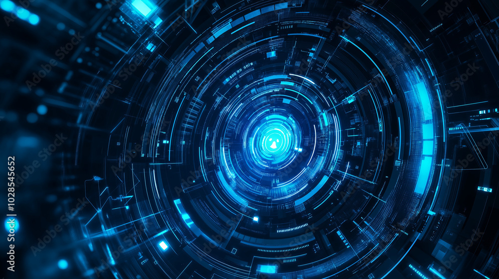 Abstract digital art of a glowing blue circular tunnel with complex patterns. Abstract digital art of a glowing blue circular tunnel with complex patterns.