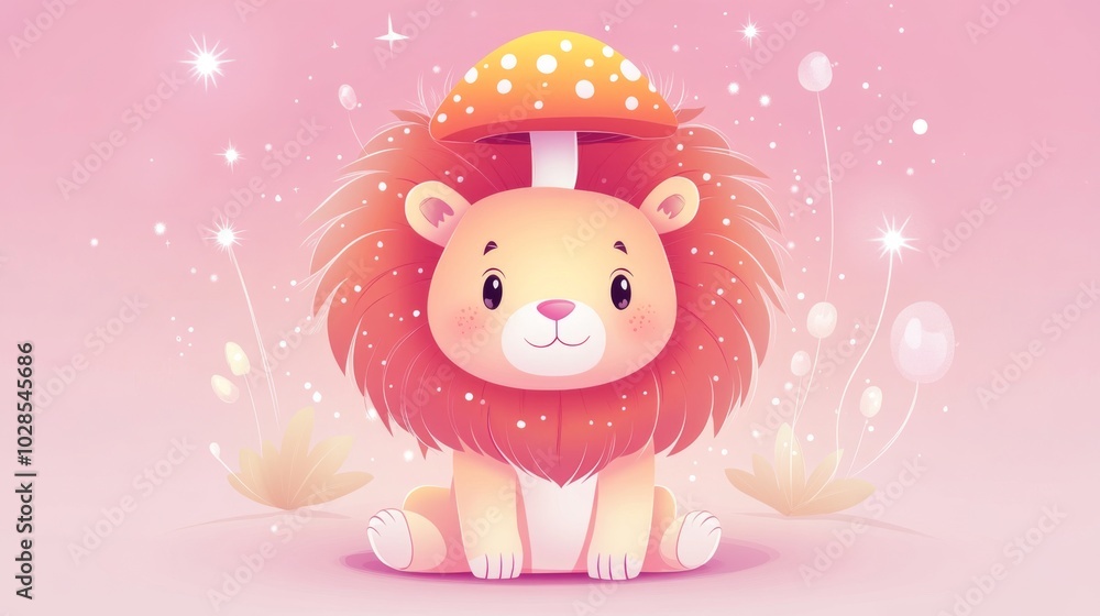 Cute lion character with mushroom mane in pastel tones Cute lion character with mushroom mane in pastel tones