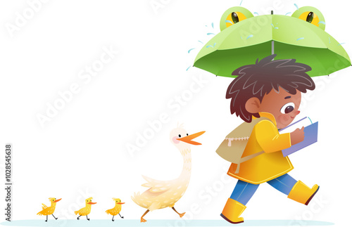 Girl with umbrella and duck family walking and reading a book under the rain, wearing yellow rain jacket. Children and animals illustration and character design. Kids vector cartoon isolated clip art.