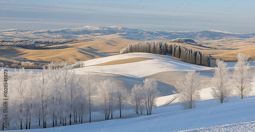 Snowy landscape with frosted trees and rolling hills. Snowy landscape with frosted trees and rolling hills.
