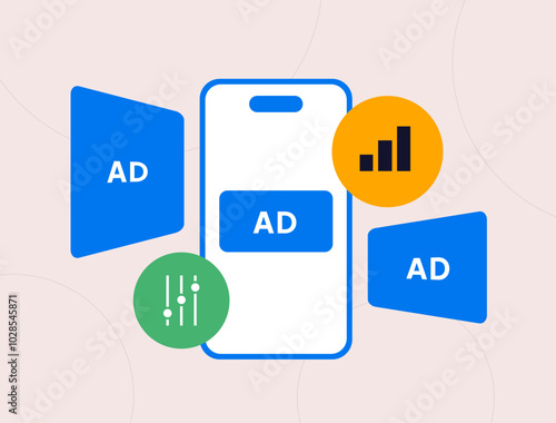 Mobile advertising with ad controls and personalization settings. Set up device targeting and optimize native ads with best sizes and formats. Vector illustration of programmatic ad formats