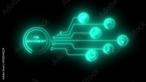 glowing neon line on cyan  color risk management system and process automation concept. Quality business service. Animation of sign with cogwheel  icon isolated on transparent black background photo