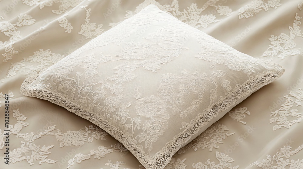 Obraz premium A square cushion with intricate lace details, isolated on a soft taupe background with elegant floral patterns